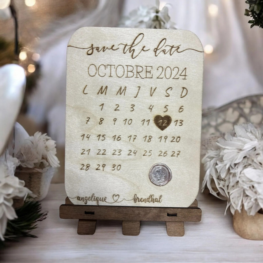 Save the date mariage en bois personnalisé avec prénoms et date avec sceau de cire