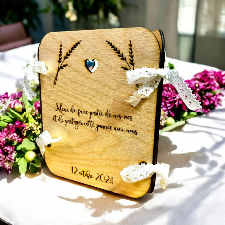Menu de table gravé - collection romantique en bois et dentelle