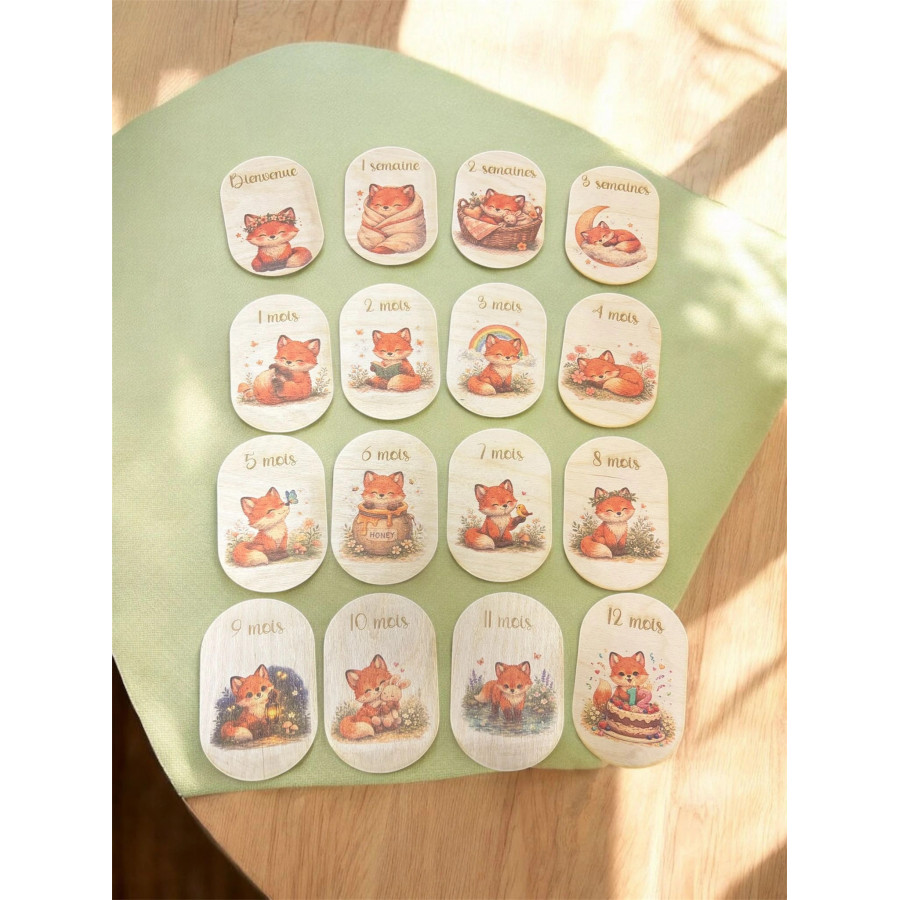 Lot de 16 cartes étapes en bois sur le thème du renard.