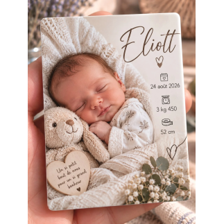Faire-part de naissance original en magnet avec photo bébé, prénom et informations de naissance.